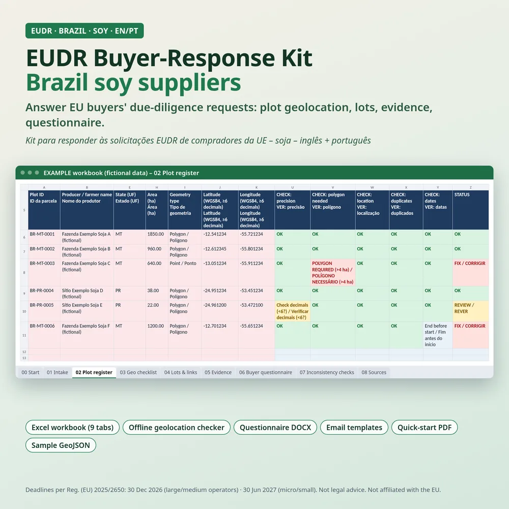 EUDR buyer-response kit for Brazil soy suppliers – example plot register